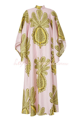 Shine The Light Unique Printed High Neck Bell Sleeve Loose Maxi Dress