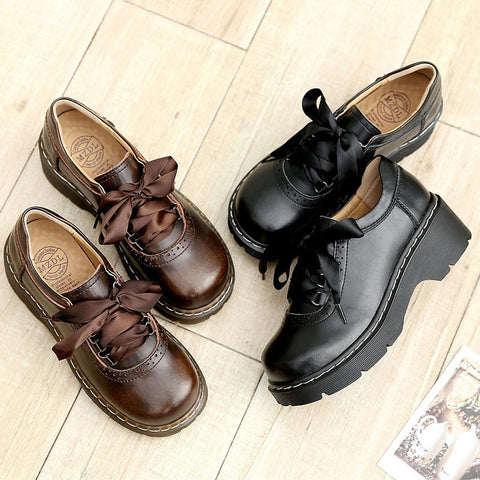 Zapatos Oxford con cordones y cinta para mujer, de piel auténtica dividida, estilo retro, planos, novedad 