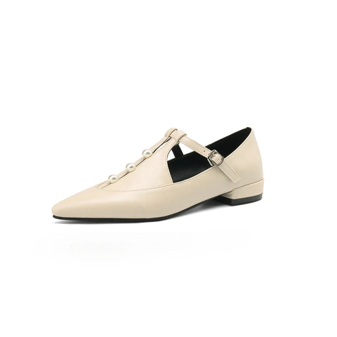 - Zapatos Mary Jane de punta puntiaguda con perlas y hebilla en T, cómodos, planos y mocasines para mujer, tallas grandes 41, 42 y 43, para primavera y otoño.