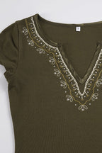 Retro V Neck Embroidered Knit Blouse