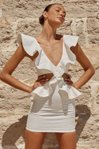 Sexy V-neck Waist Cutout Ruffle Bodycon Mini Dress