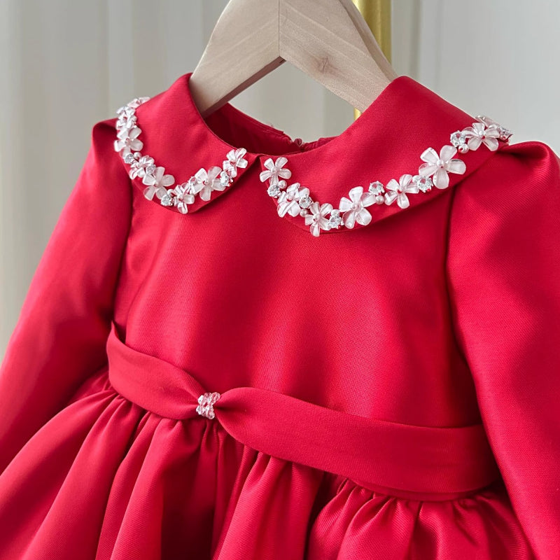 Lindo vestido de princesa rojo con cuello de muñeca de flores para niña, vestido de primera comunión para niña pequeña 