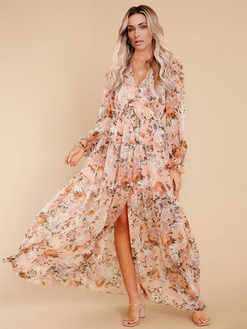 Maxi Dress V-Neck Long Sleeves Casual Floral Print Long Dress