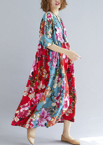 Hermoso vestido de verano holgado con cuello redondo, estampado de lino y algodón acolchado, con patchwork, en rojo y verde 