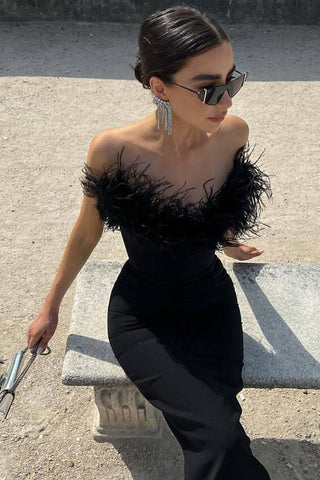 Veronica Feather Trim Strapless Maxi Dress