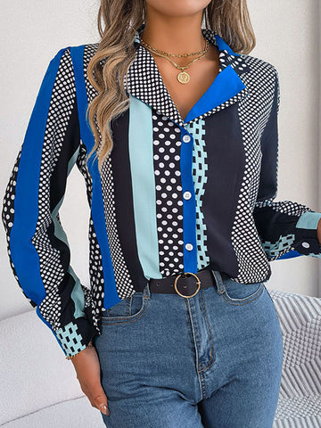Long Sleeves Buttoned Contrast Color Polka-Dot Notched Collar Blouses&Shirts Tops