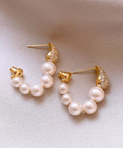 Elegant Gold Copper Alloy Zircon Pearl Hoop Earrings