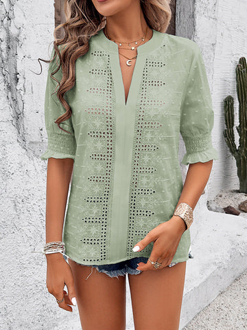 Half Sleeves Loose Elasticity Embroidered Hollow Solid Color V-Neck Blouses&Shirts Tops