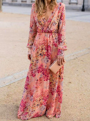Vestidos largos de manga larga con cuello en V y estampado rosa 