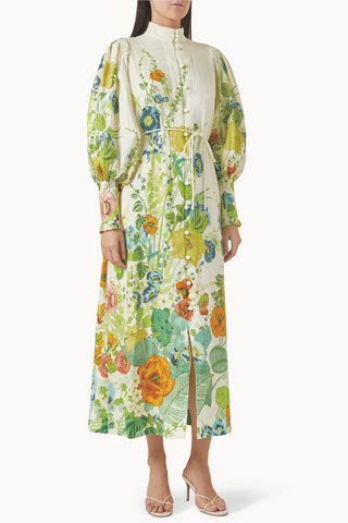 Vestido midi con mangas abullonadas y estampado floral 