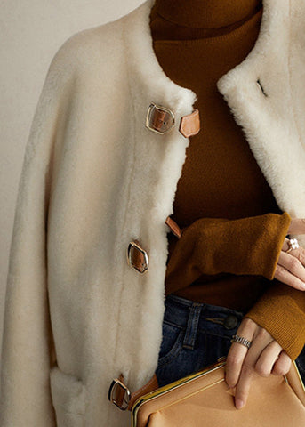 Elegante Beige O Neck Taschen Taste Patchwork Wolle Mäntel Winter 