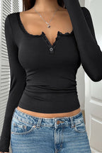 Lace Button Detail V-Neck Knit Top