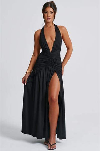 Vestido largo Norma con cuello en V profundo y cuello halter 