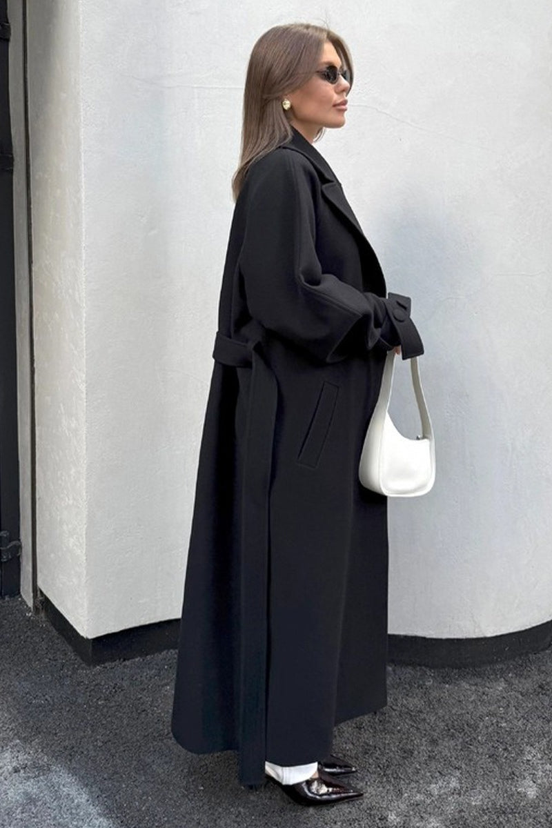 Longline Wool Blend Tie Waist Loose Elegant Overcoat