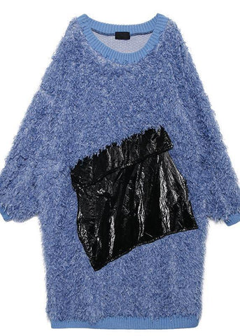 Cute blue Sweater weather plus size o neck tassel Big sweater dresses