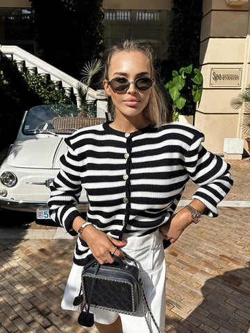 Tossy Zebra Printed Fashion Sweater Cardigan Women Loose Striped High Waist Patchwork Casual Outwear Knitwear Female Coat 2023