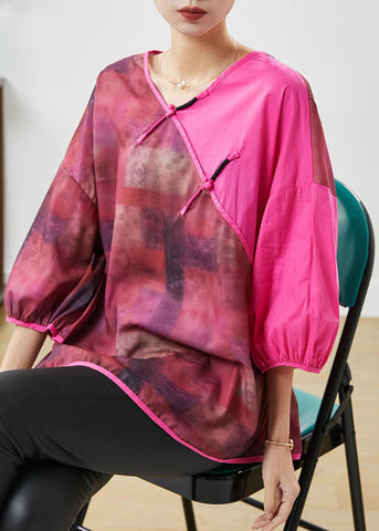 Blusa de lino con patchwork y teñido anudado en rosa chic para verano 