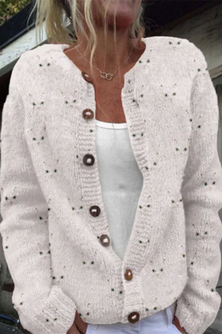 Prenda exterior informal de uso diario con estampado de flores que imitan a un suéter, botones en contraste y cuello redondo (8 colores) 