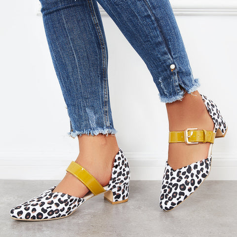 Block Low Heel Mary Jane Pumps Pointed Toe Buckle Dress Shoes