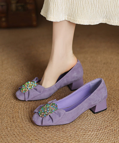 Französische schwarze Schleife Zirkon Spleißen Chunky Heel Schuhe Wildleder 