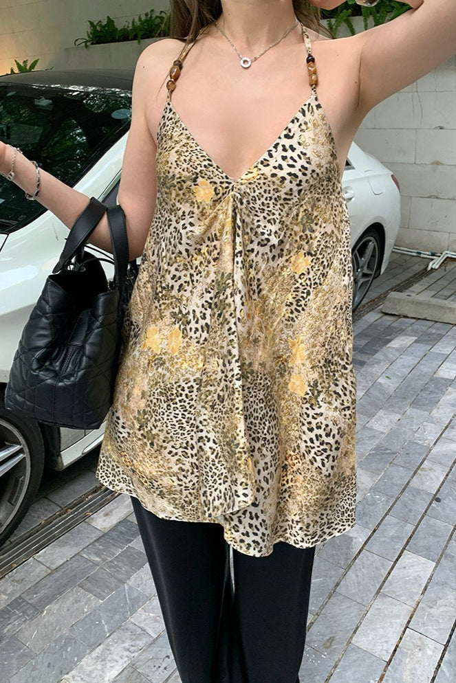 Chiffon V Neck Leopard Print Beaded Cami Top