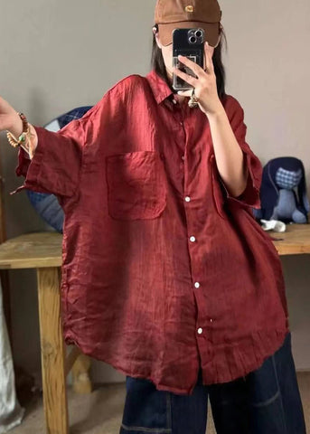 Plus Size Damen Grünes Peter Pan Kragen Leinenhemd Tops Halbarm 