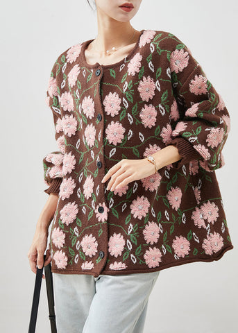 Simple Coffee Oversized Jacquard-Strickjacke mit Blumenmuster für den Winter 