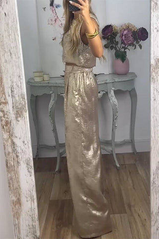 Conjunto de camiseta corta con botones en la espalda de tela metalizada Rita y pantalones anchos con bolsillos y cintura elástica 