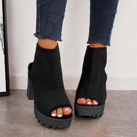Mesh Peep Toe Platform Chunky High Heels Slingback Sandals