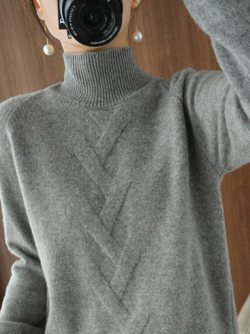Casual Loose Long Sleeves Solid Color High-Neck Sweater Tops