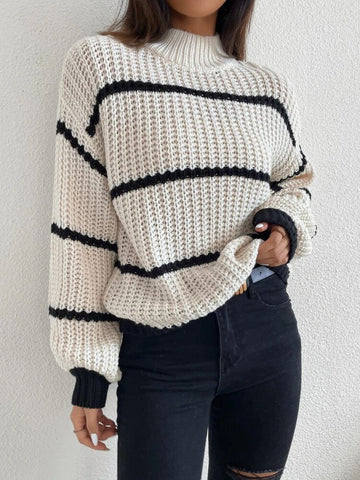 Suéter de punto a rayas con cuello redondo elegante y mangas farol para mujer, ropa de otoño e invierno 
