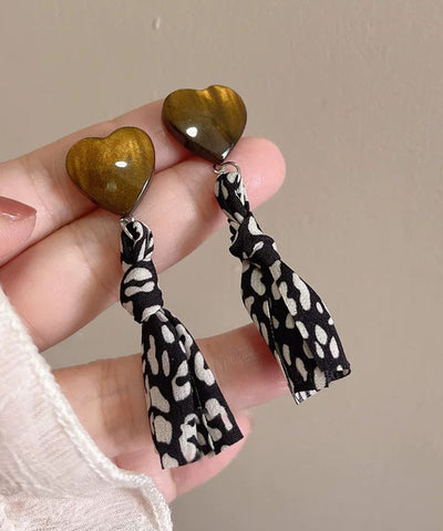 Vintage Black Copper Fabric Resin Love Print Drop Earrings