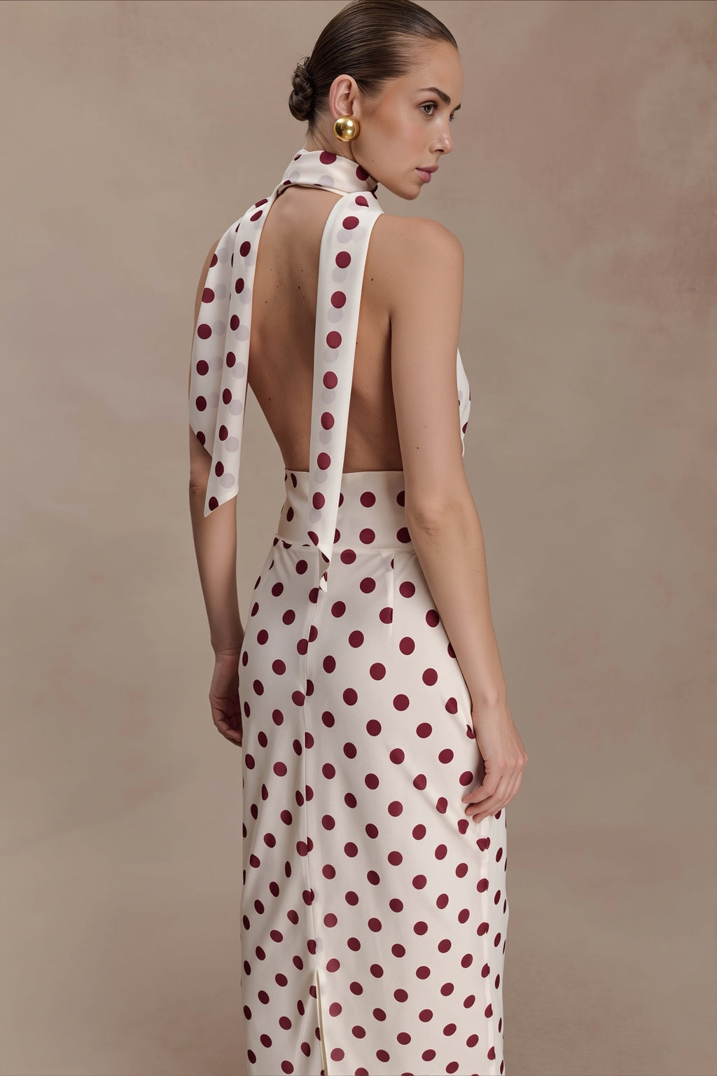 Polka Dot Deep V Tie Bodycon Maxi Dress
