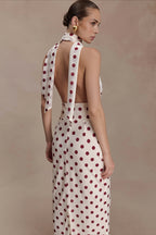 Polka Dot Deep V Tie Bodycon Maxi Dress