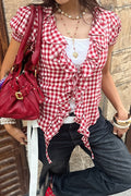 Plaid Ruffle Waist Puff Sleeve Blouse