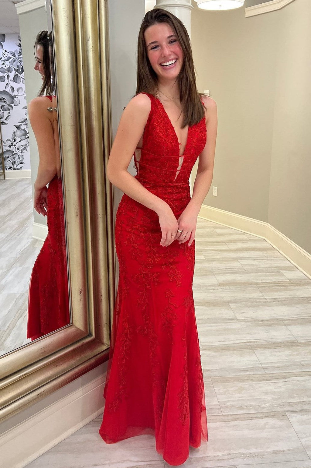 Mermaid Plunge V Neck Lace Prom Dress