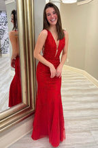Mermaid Plunge V Neck Lace Prom Dress
