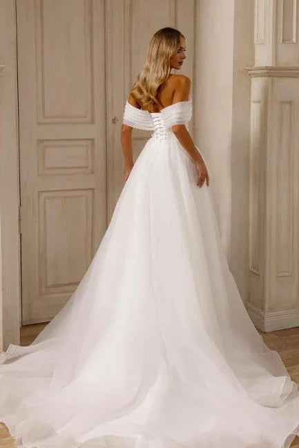 Amazing A-Line Chiffon Tulle Off-The-Shoulder Sleeveless Wedding Dress With Split Front