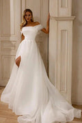 Amazing A-Line Chiffon Tulle Off-The-Shoulder Sleeveless Wedding Dress With Split Front