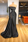 Increíble vestido de fiesta negro de un solo hombro con cuentas y manga larga