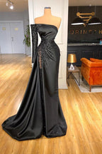 Increíble vestido de fiesta negro de un solo hombro con cuentas y manga larga