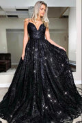Atemberaubendes schwarzes Pailletten-Abendkleid mit Spaghettiträgern
