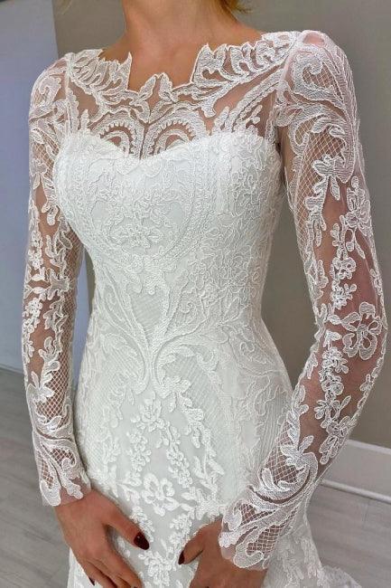 Impresionantes vestidos de novia columna de encaje de manga larga con apliques