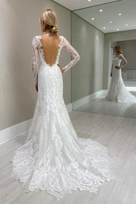Impresionantes vestidos de novia columna de encaje de manga larga con apliques