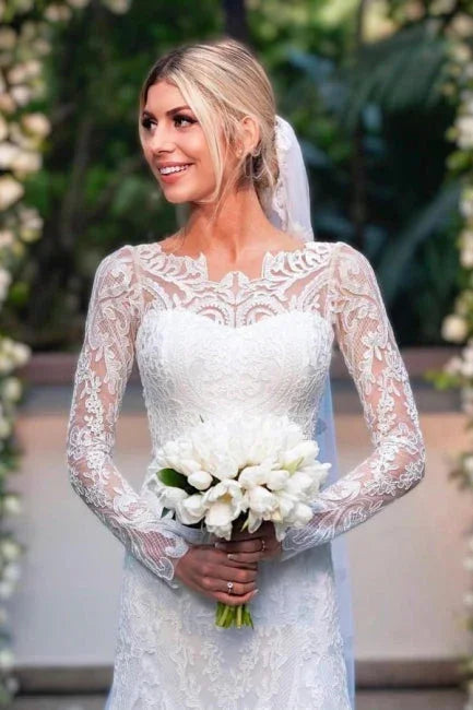 Impresionantes vestidos de novia columna de encaje de manga larga con apliques