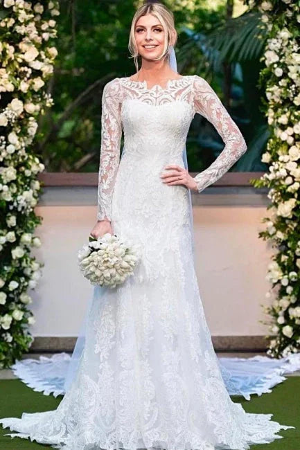 Amazing Column Lace Long Sleeve Wedding Dresses With Appliques
