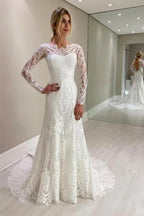 Impresionantes vestidos de novia columna de encaje de manga larga con apliques
