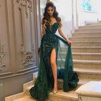 Increíble vestido de fiesta verde, vestidos largos de baile con sobrefalda y escote corazón