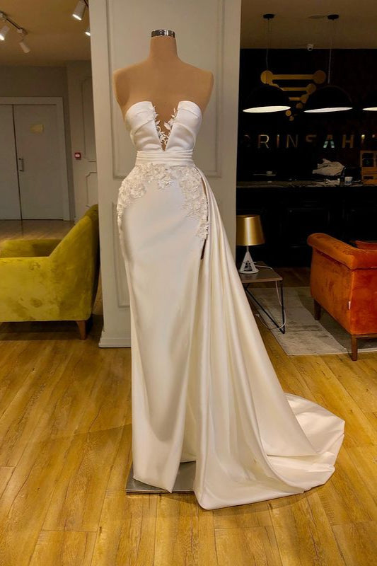 Atemberaubendes elfenbeinfarbenes langes Ballkleid mit Applikationen im Meerjungfrauenstil