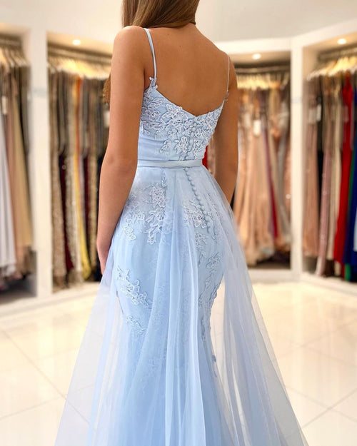 Amazing Mermaid Evening Dress With Lace Appliques Ruffles Spaghetti-Straps